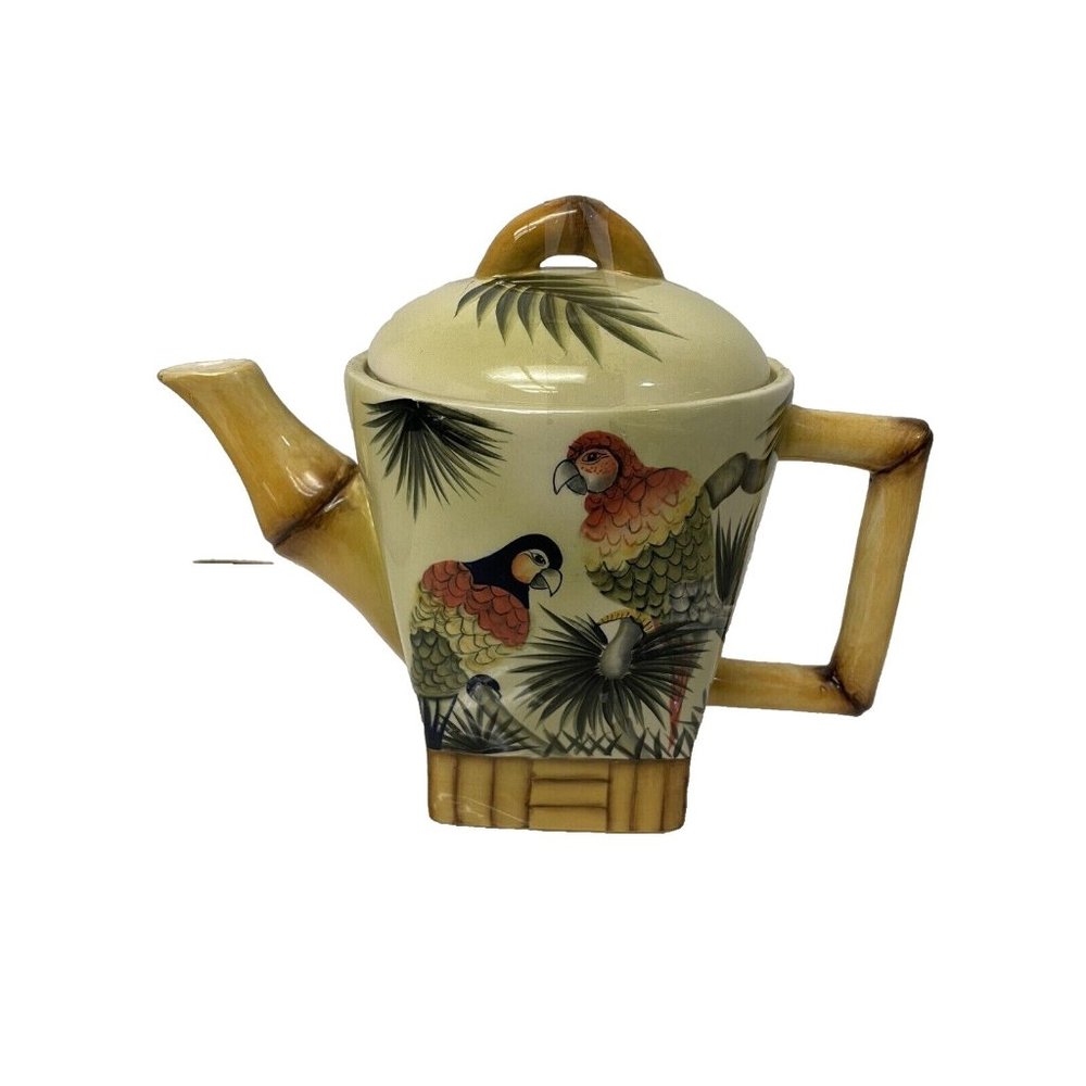 Pacific Rim‎ Ceramic Tea Pot Hand Painted Parrots Palm Trees Bamboo 8.5"